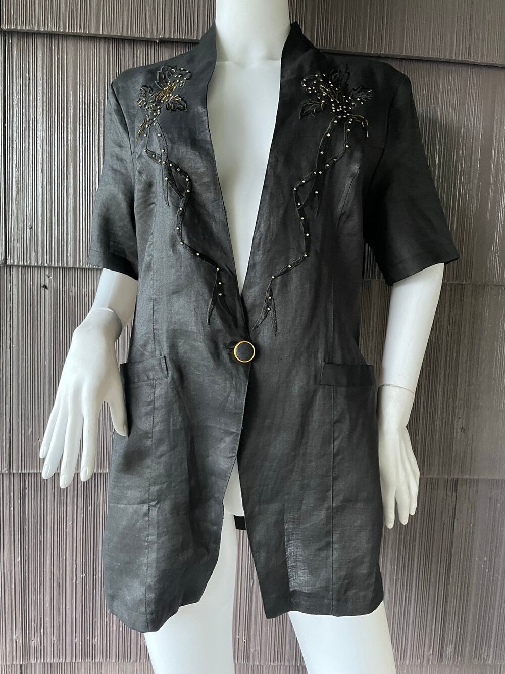🔥Vintage Rouge Ramie Black Short Sleeve Blazer Tunic Embroidered Bead Artsy